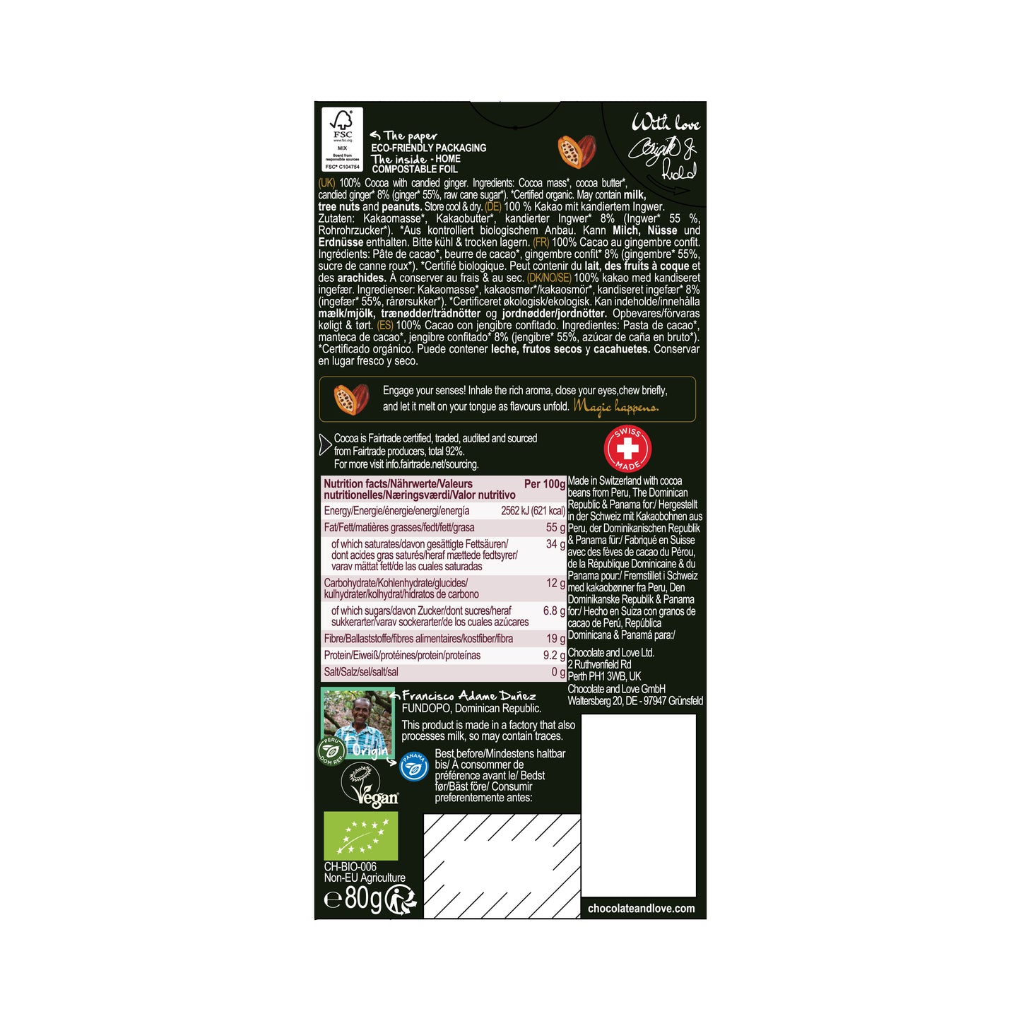 GINGER 100% COCOA - EXTRA DARK CHOCOLATE WITH CANDIED GINGER